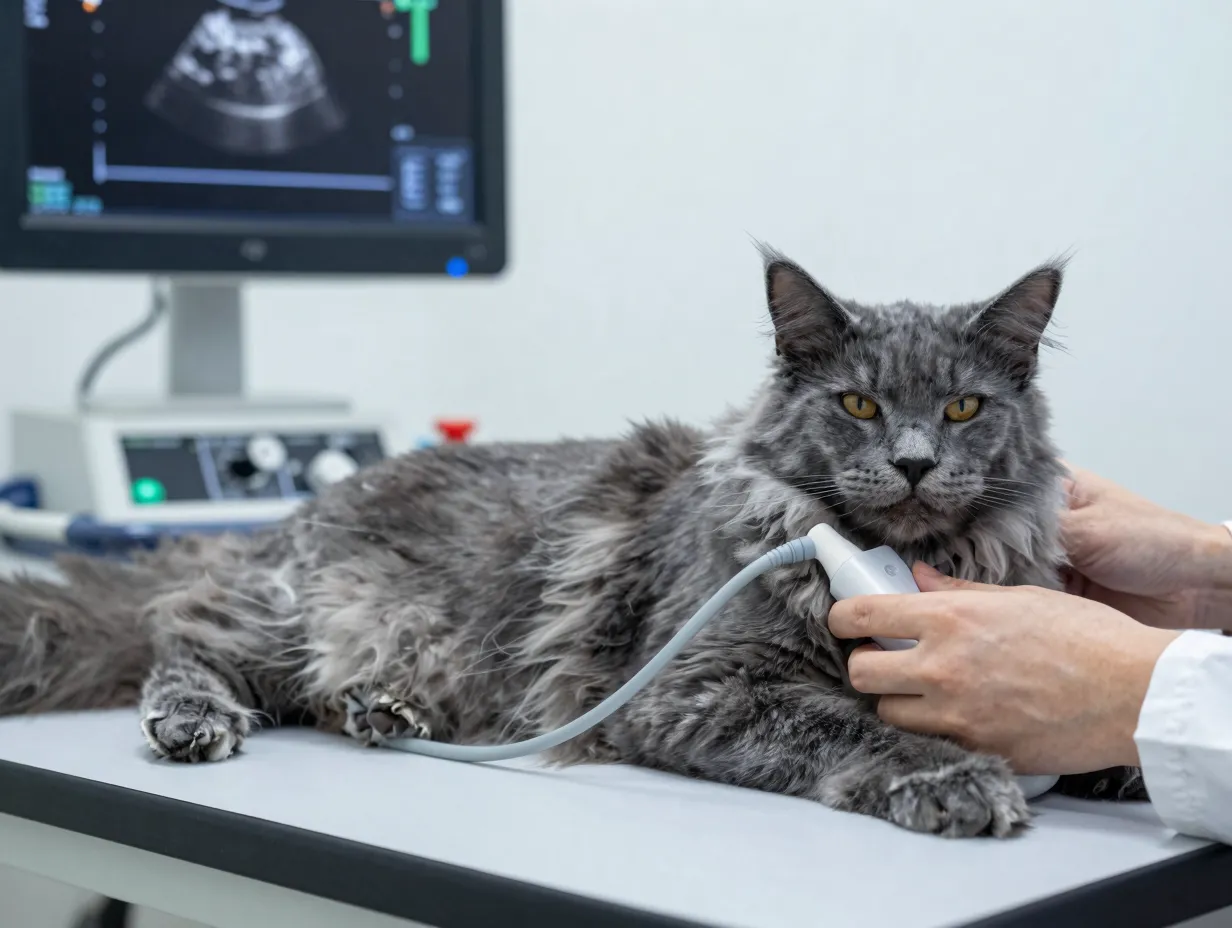 Grey norwegian forest cat during a veterinary cardiac screening exam