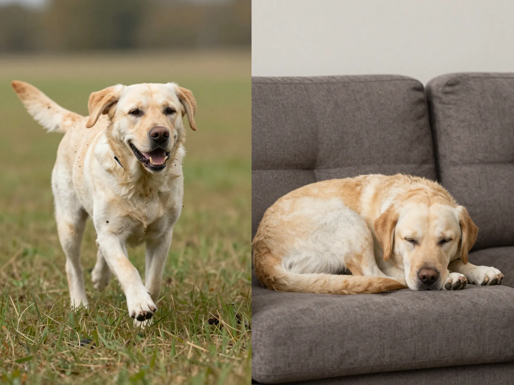 Labrador transitioning from running to relaxing on a couch