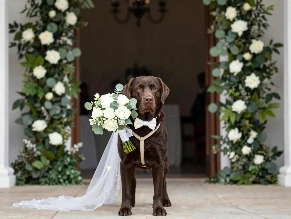 Chocolate labrador retriever carrying bridal bouquet wedding shot