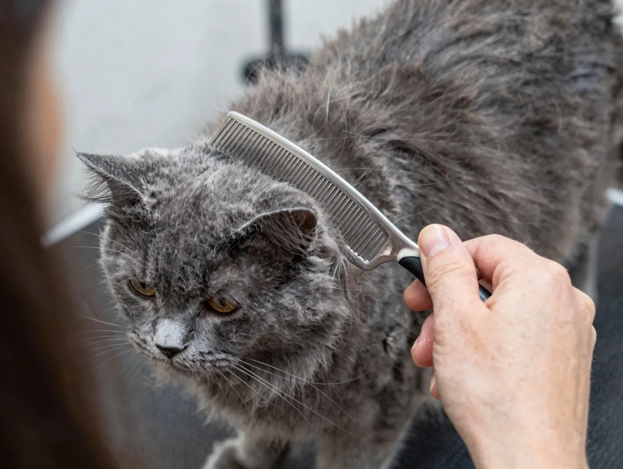 Owner grooming a grey norwegian forest cat with a wide toothed metal comb