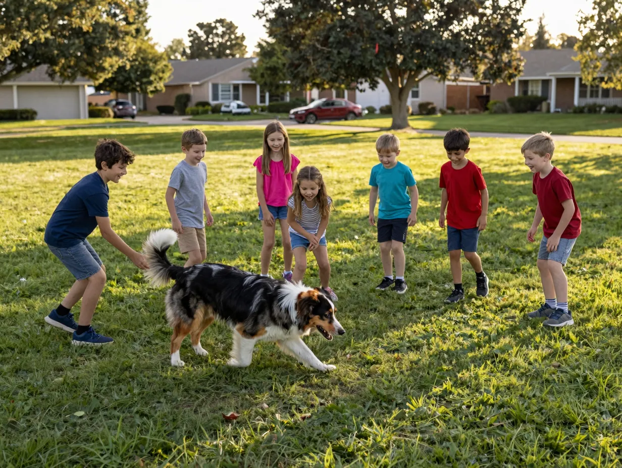 A mini aussie gently herding a small group of children in a park