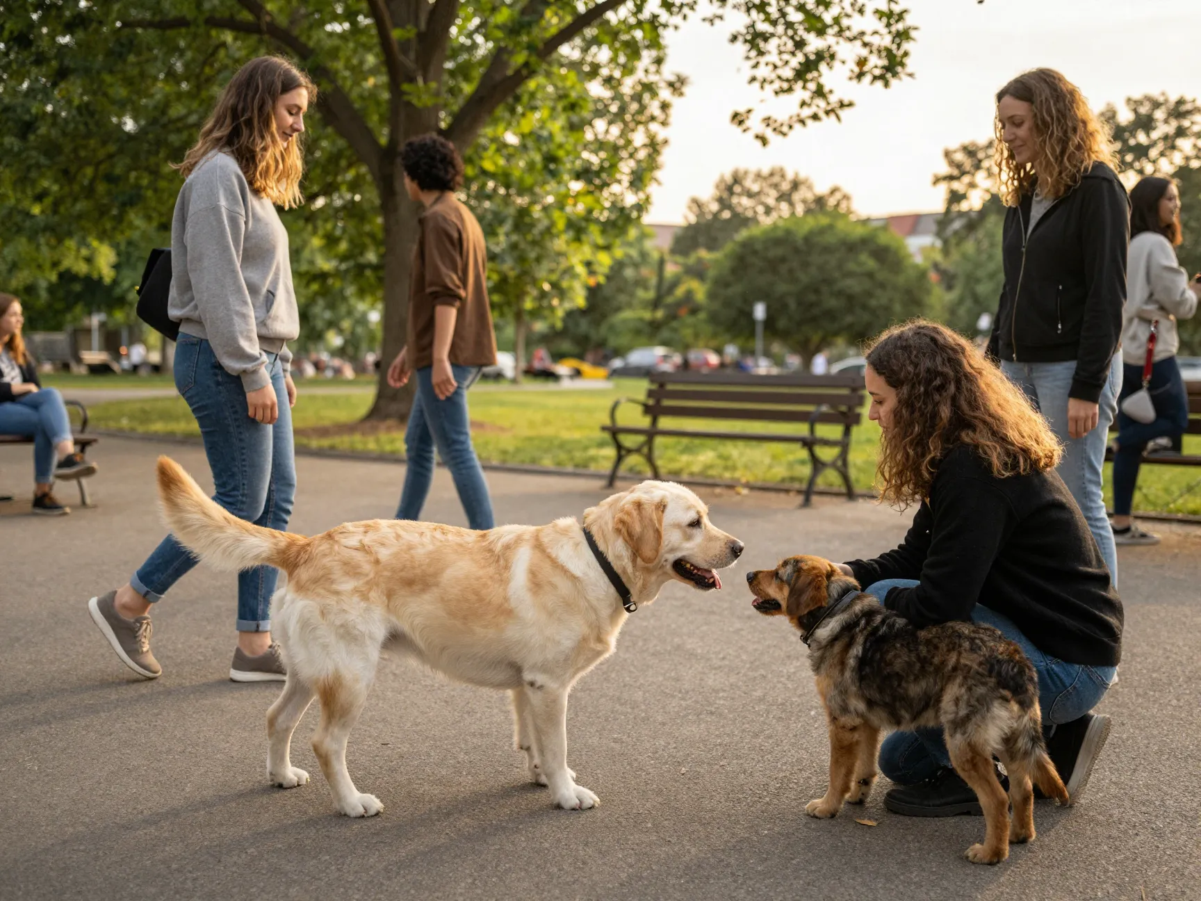 Friendly labrador socializing with people and a dog at a park