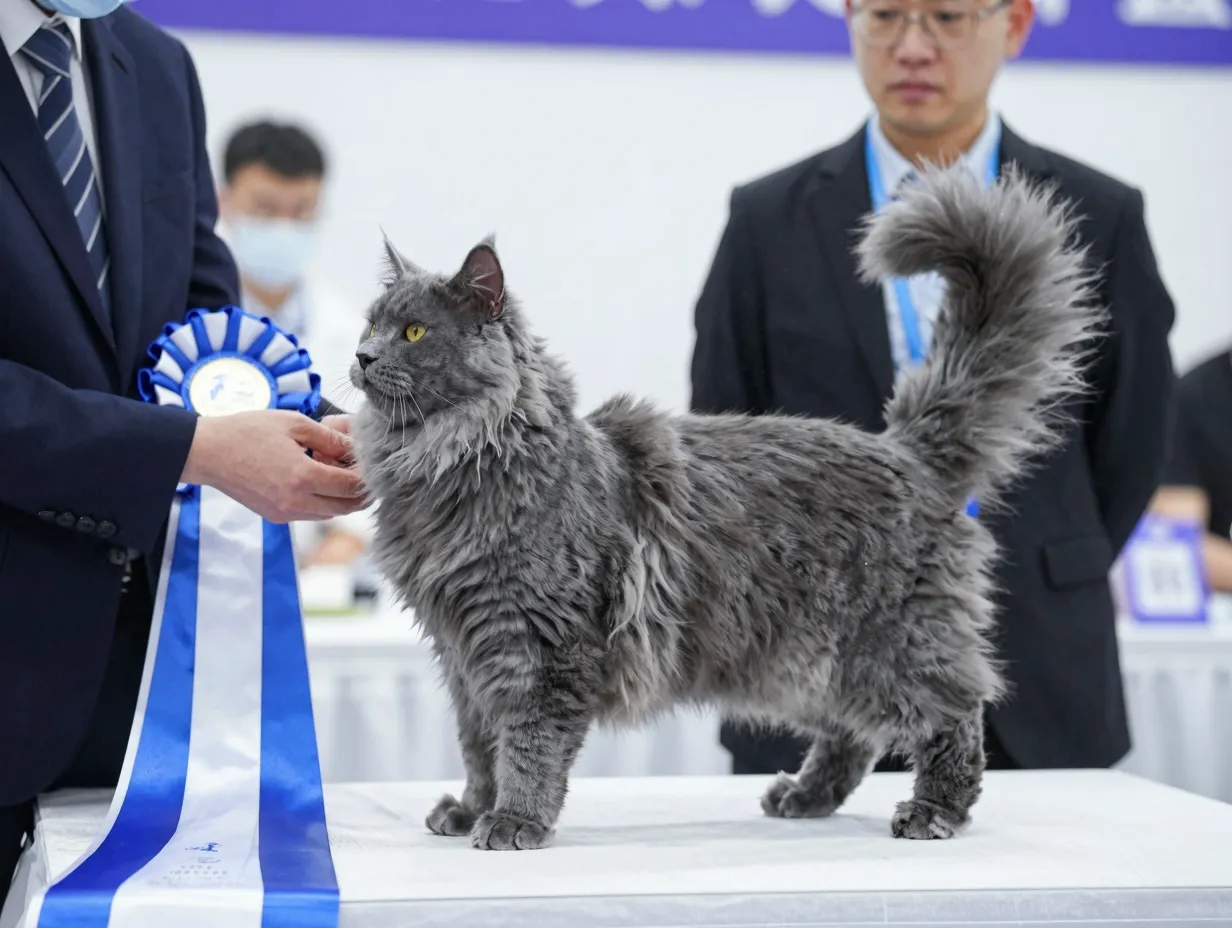 Grey norwegian forest cat at a modern cat show with judge and ribbon
