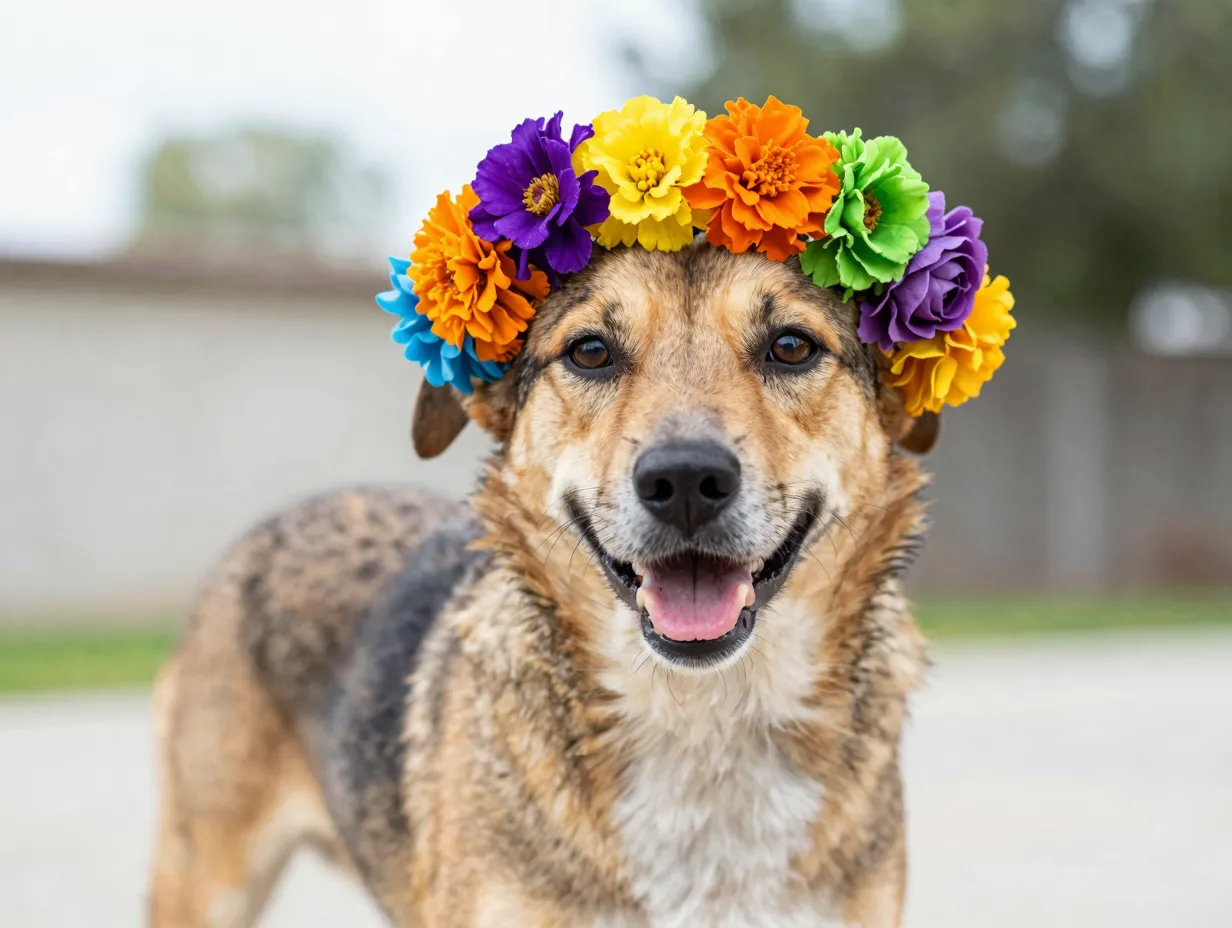 Mixed breed dog wearing vibrant rainbow floral crown outdoors
