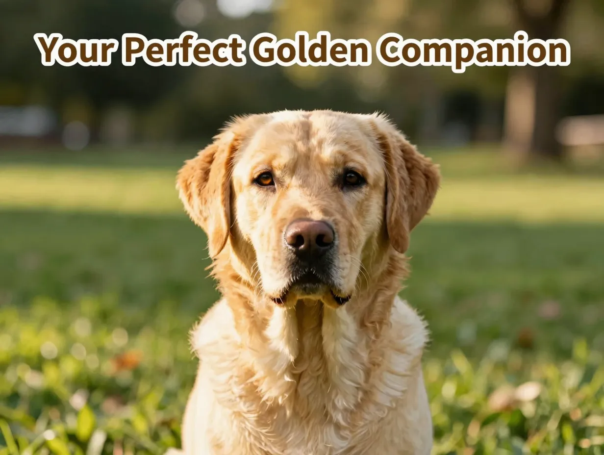 Friendly golden labrador dog looking directly at viewer in park