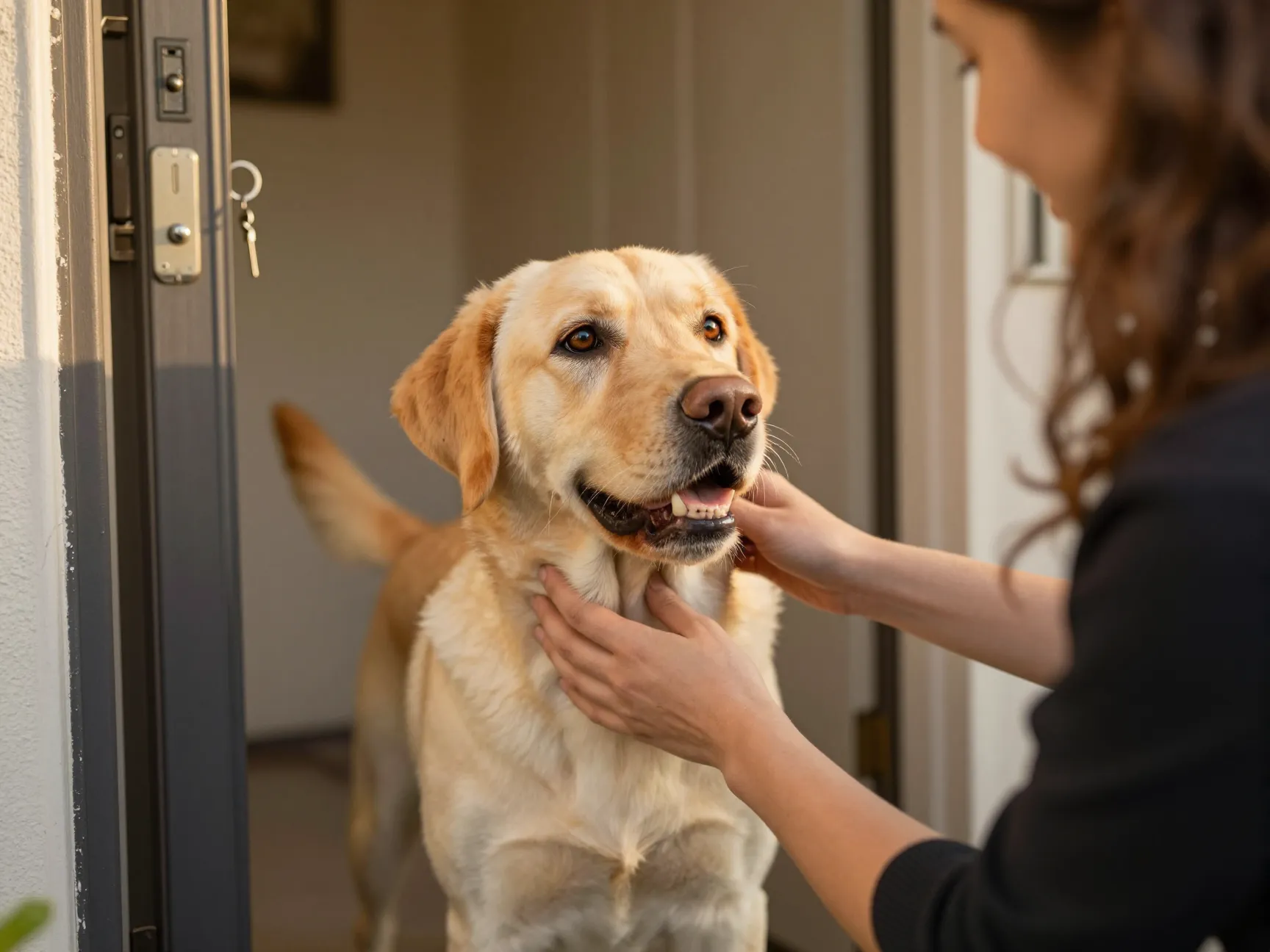 A gentle golden labrador greeting its owner at the front door