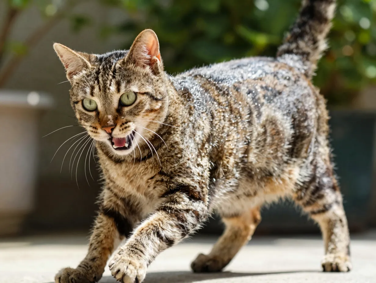 Active tabby cat playing with muscle tone visible on glossy coat
