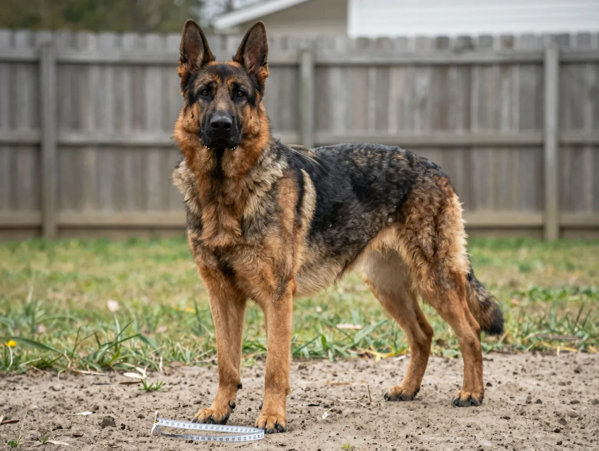 Large athletic shepweiler dog standing on measured ground