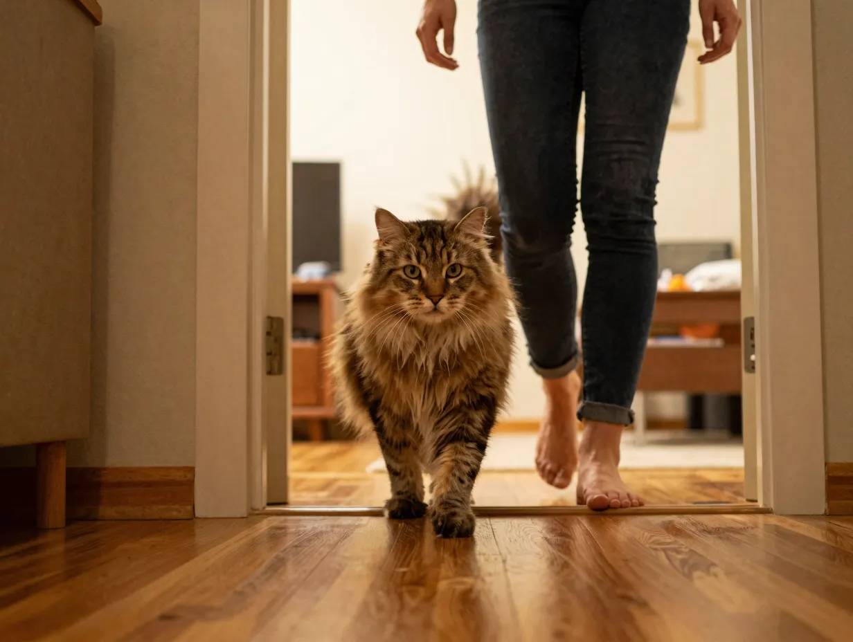 Loyal siberian cat follows owner from room to room checking in
