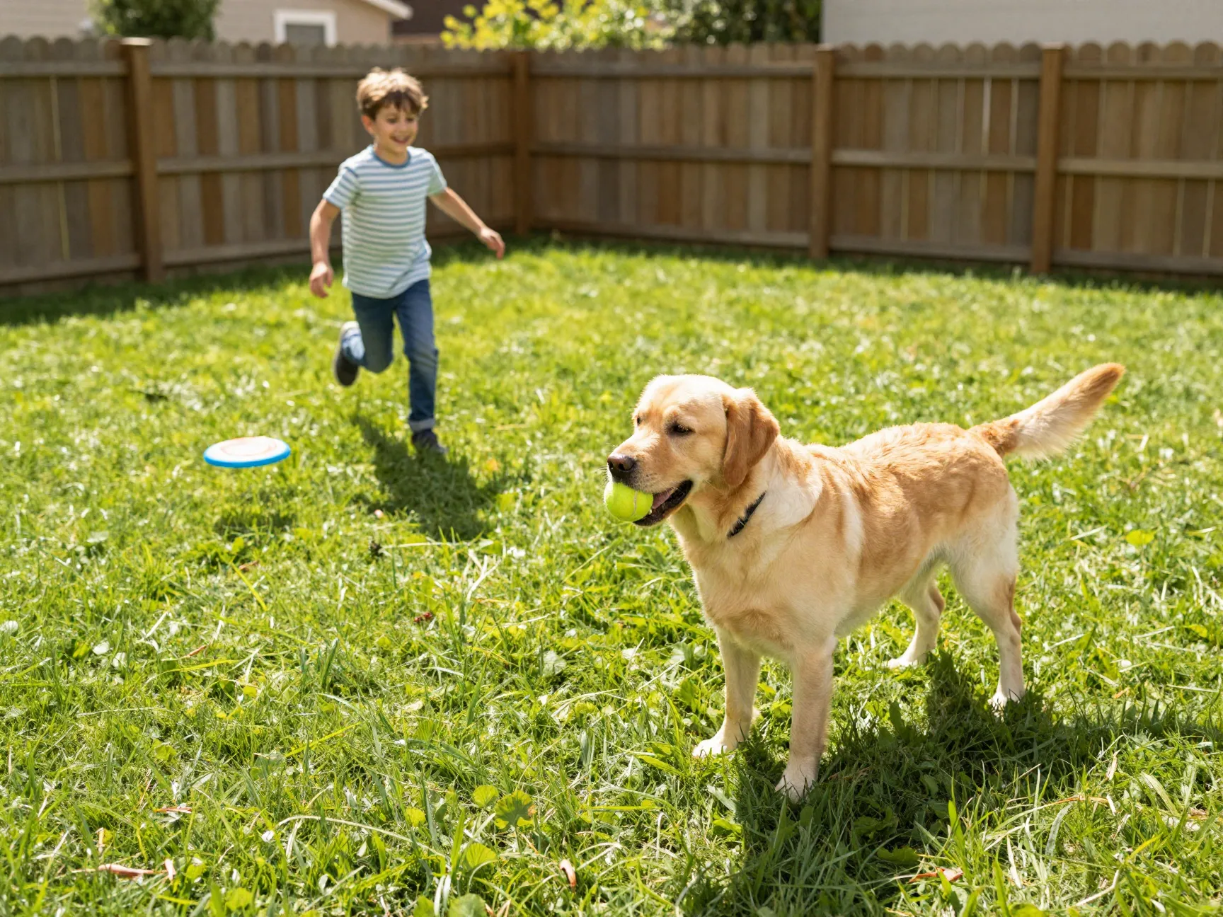 A patient golden labrador playing fetch with children in a sunny backyard