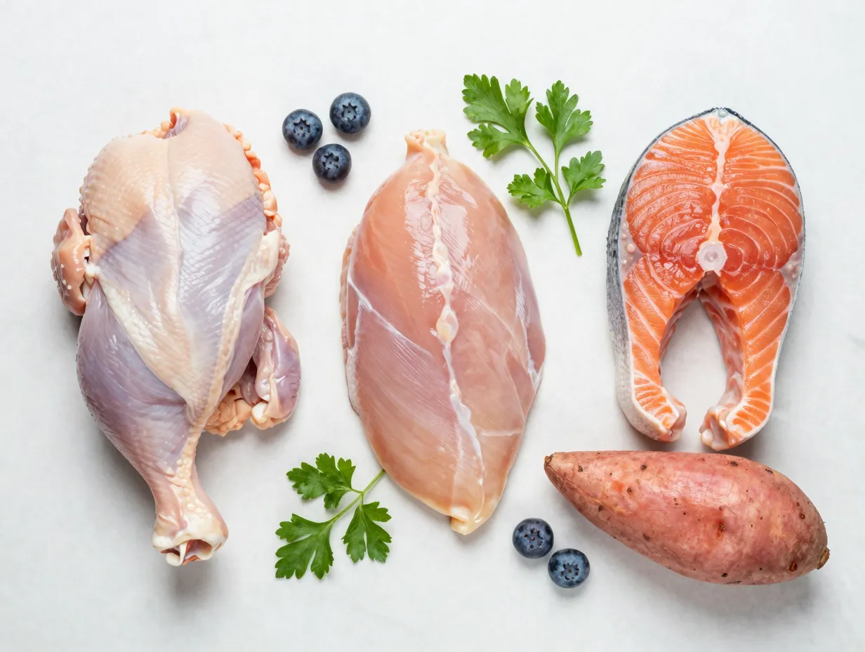 Deboned chicken turkey salmon raw ingredients for premium cat food