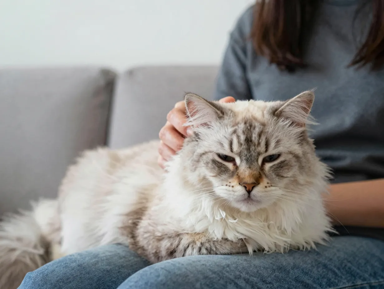 Siberian cat and owner with mild allergies interacting calmly