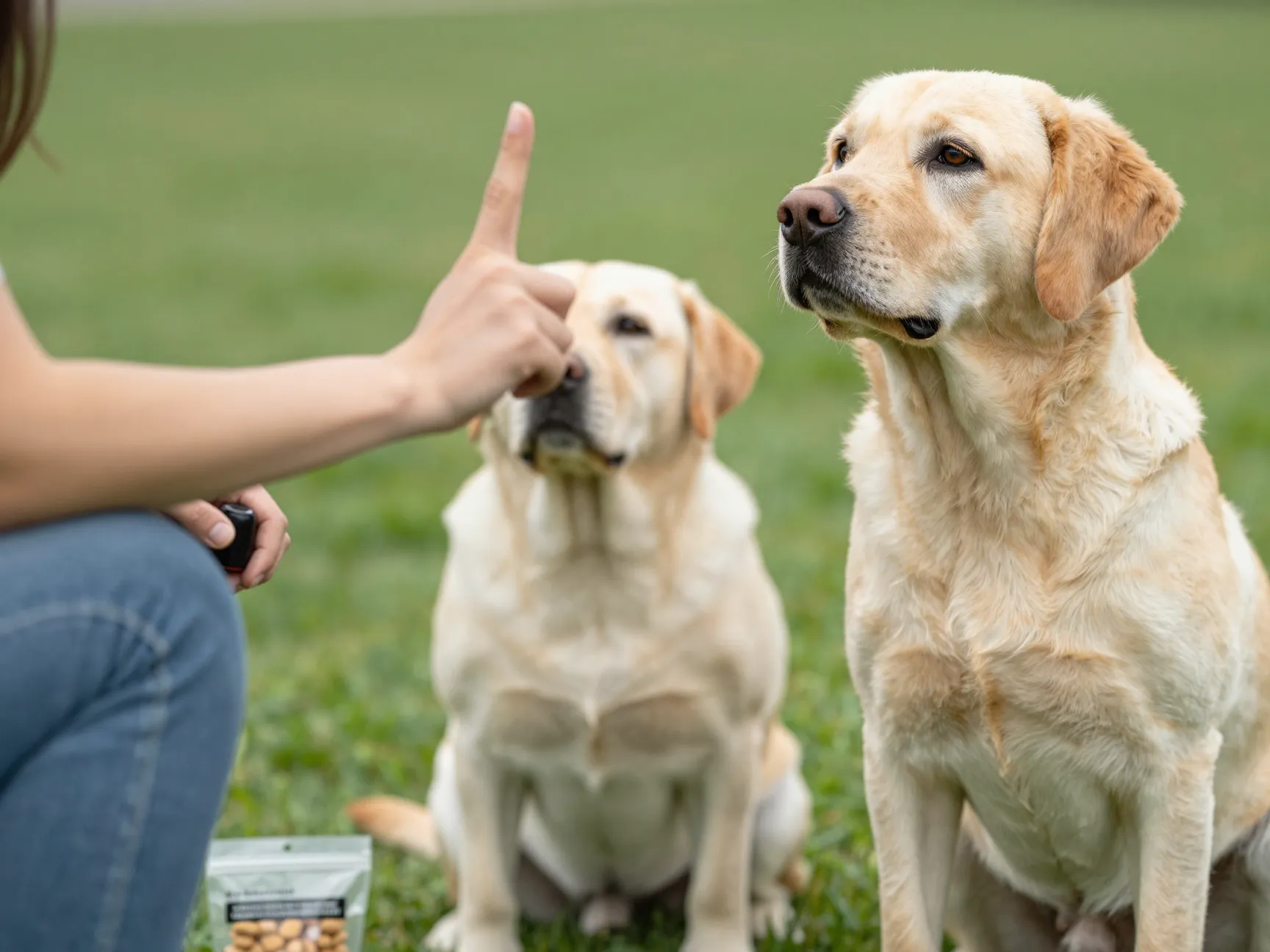 A focused golden labrador responding to a hand signal during training