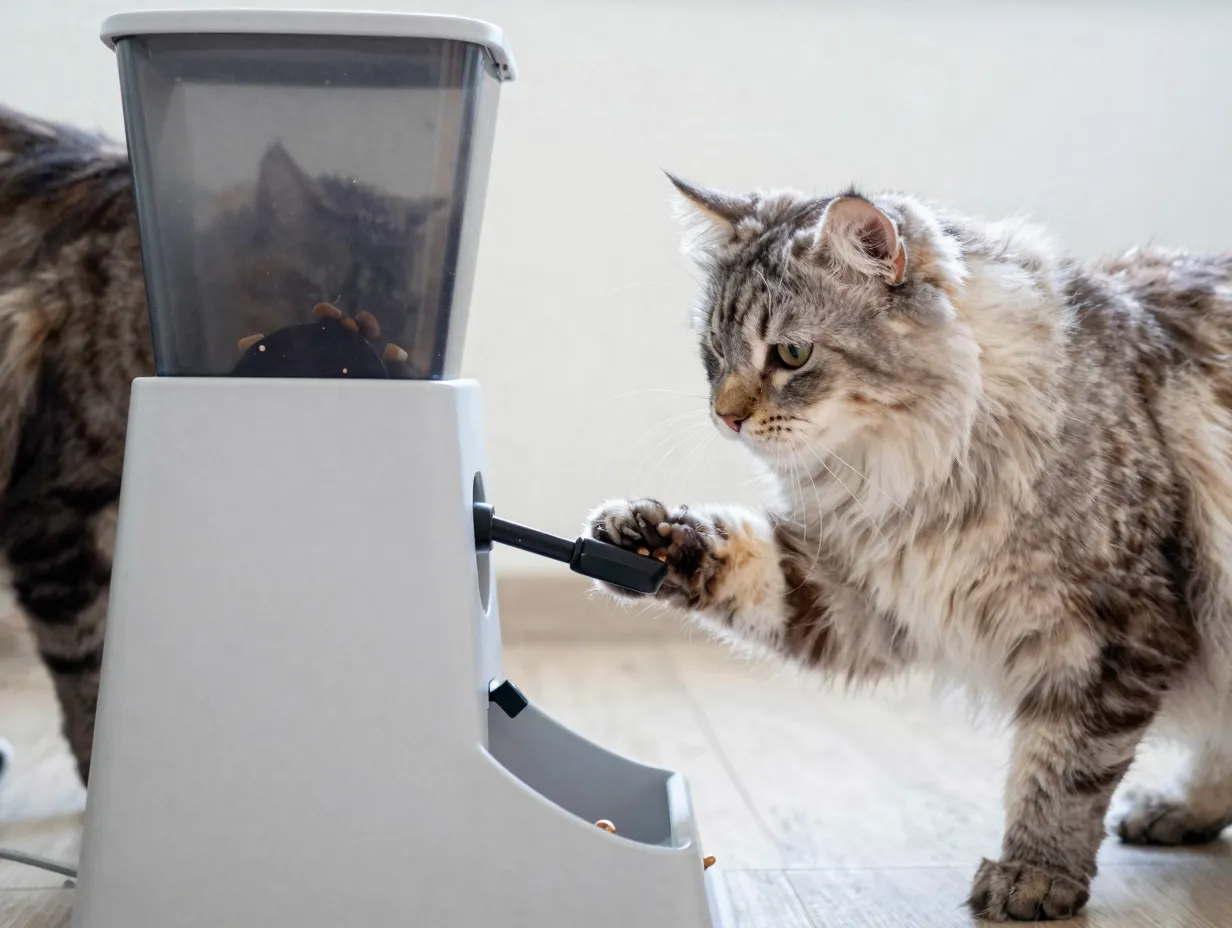 Intelligent siberian cat presses lever on puzzle feeder for treat