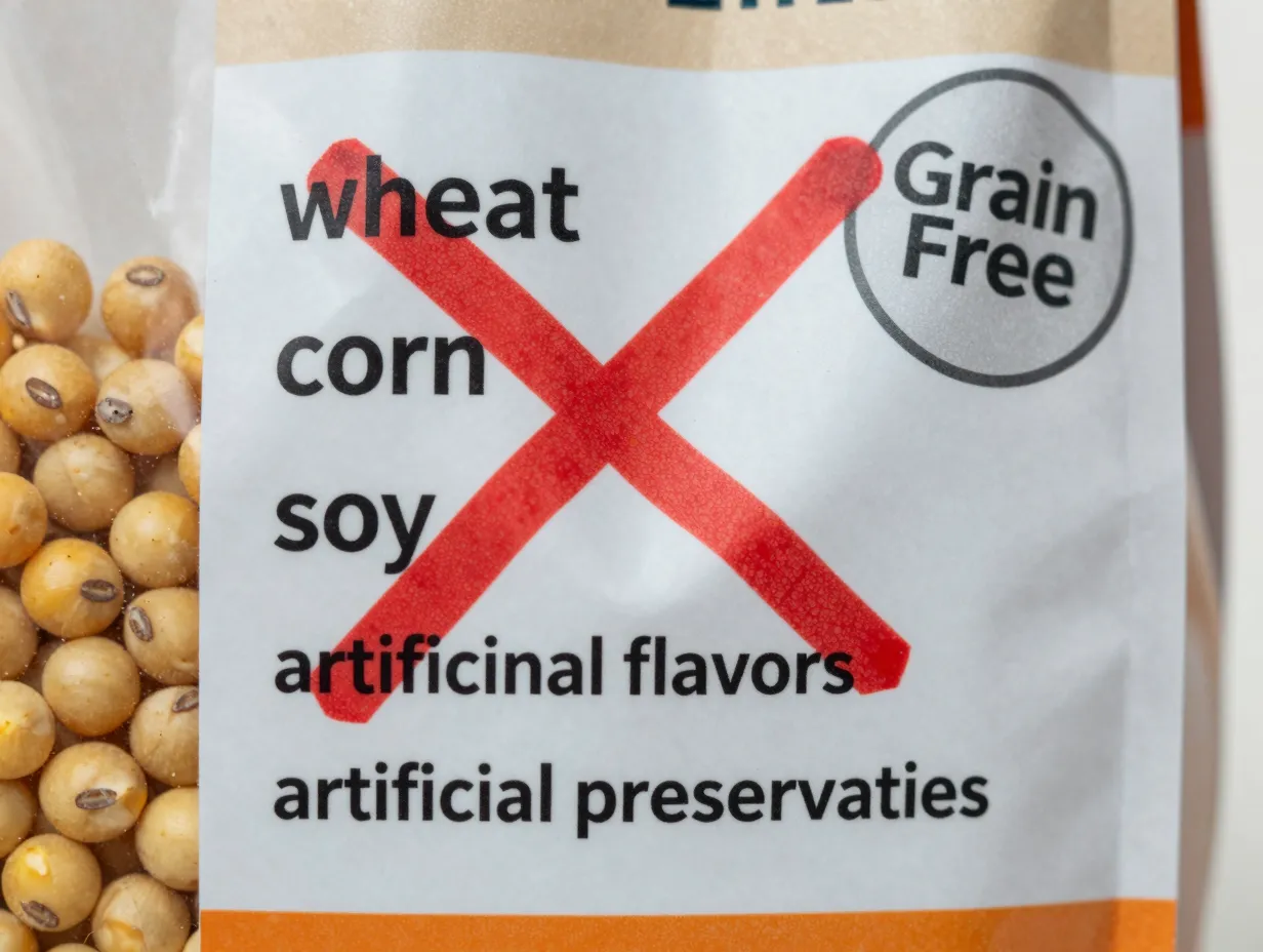 Wheat corn soy artificial additives crossed out on cat food label