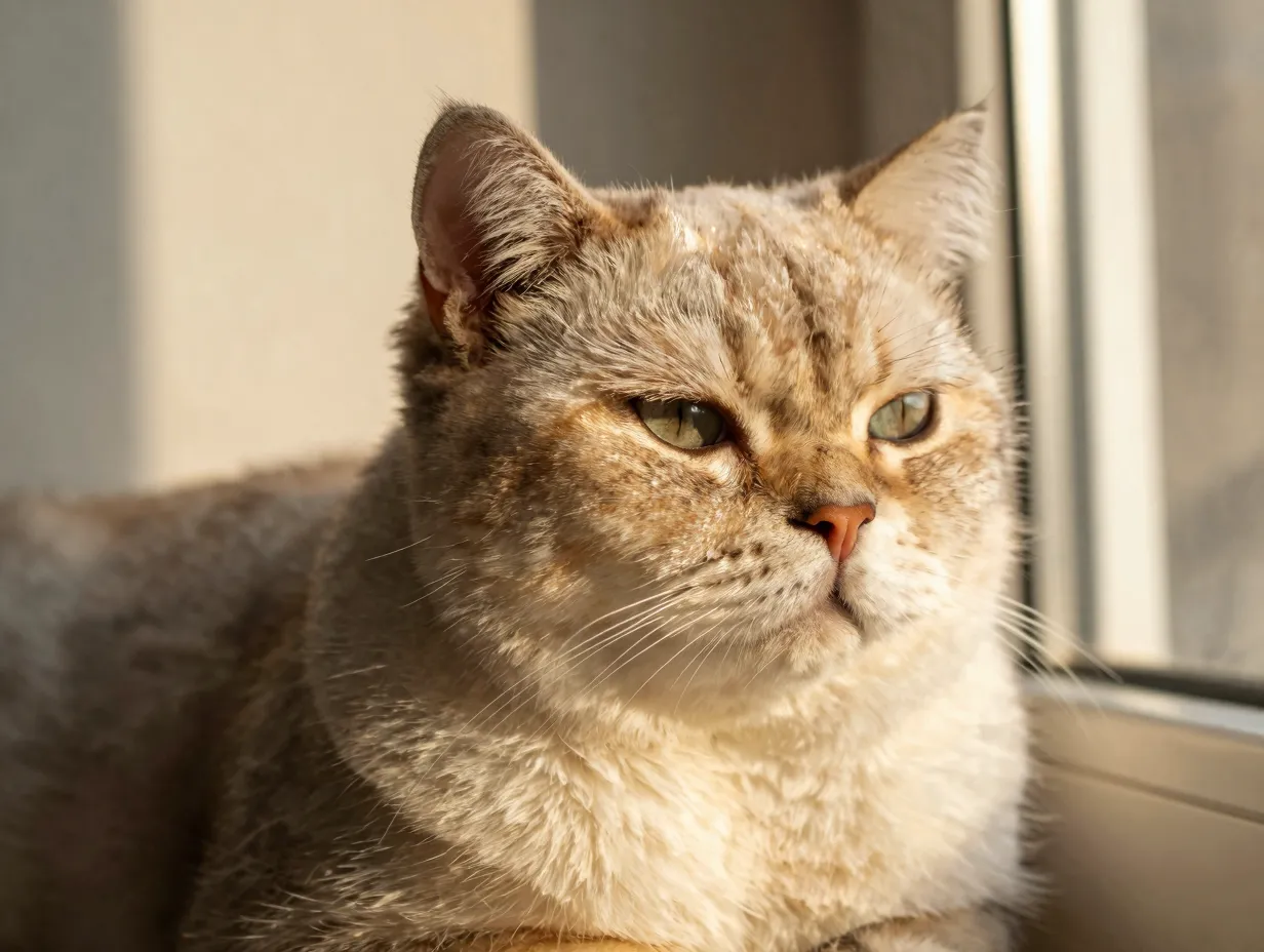 Cat with shiny fur under soft light showcasing healthy fat profile