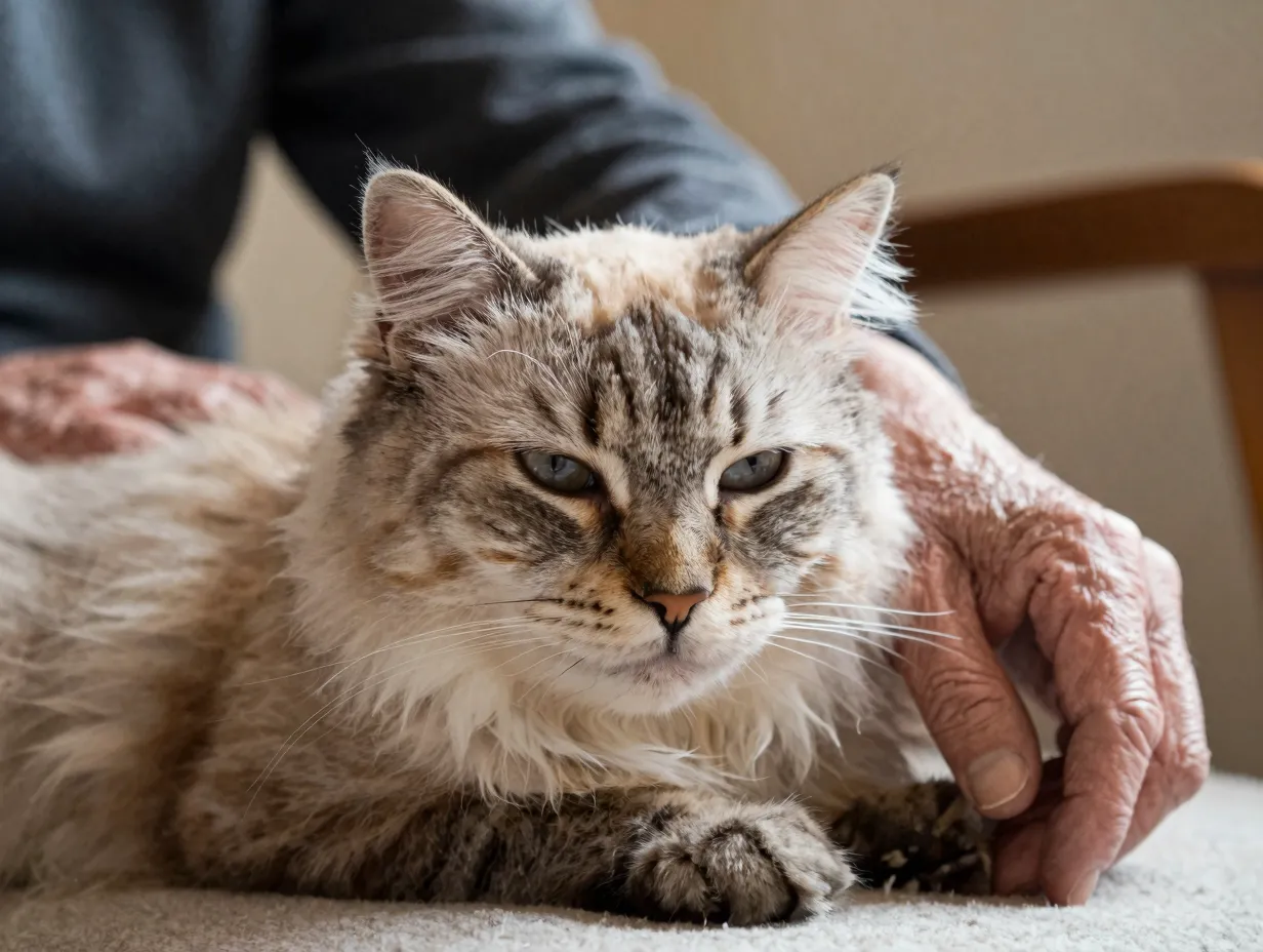 Elderly siberian cat resting peacefully beside adult owners hand