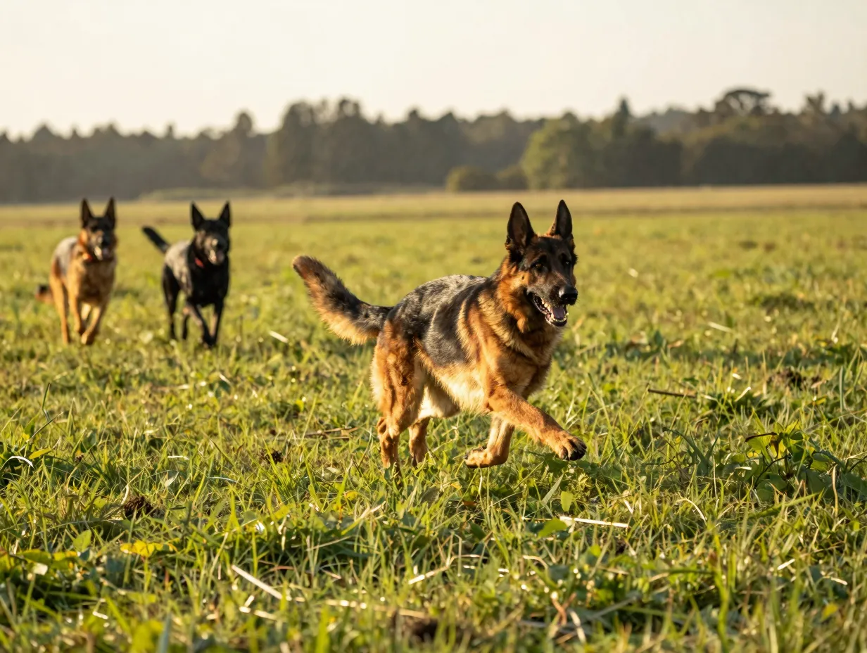 Shepweiler dog running vigorously through an open field