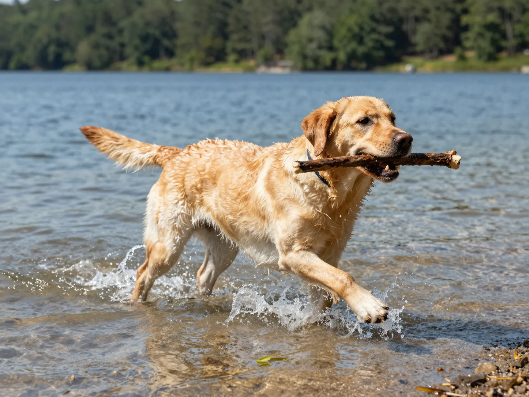 An energetic golden labrador retrieving a stick from a lake shore