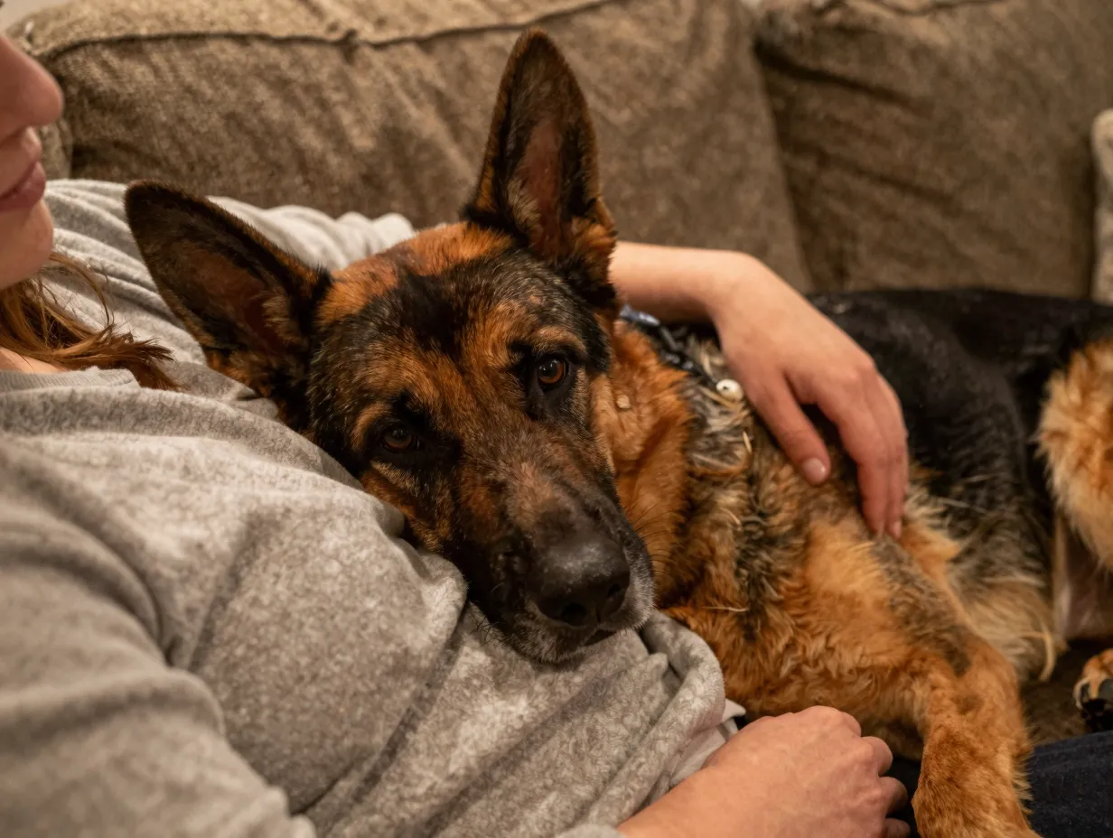 Large affectionate shepweiler cuddling on a couch with owner