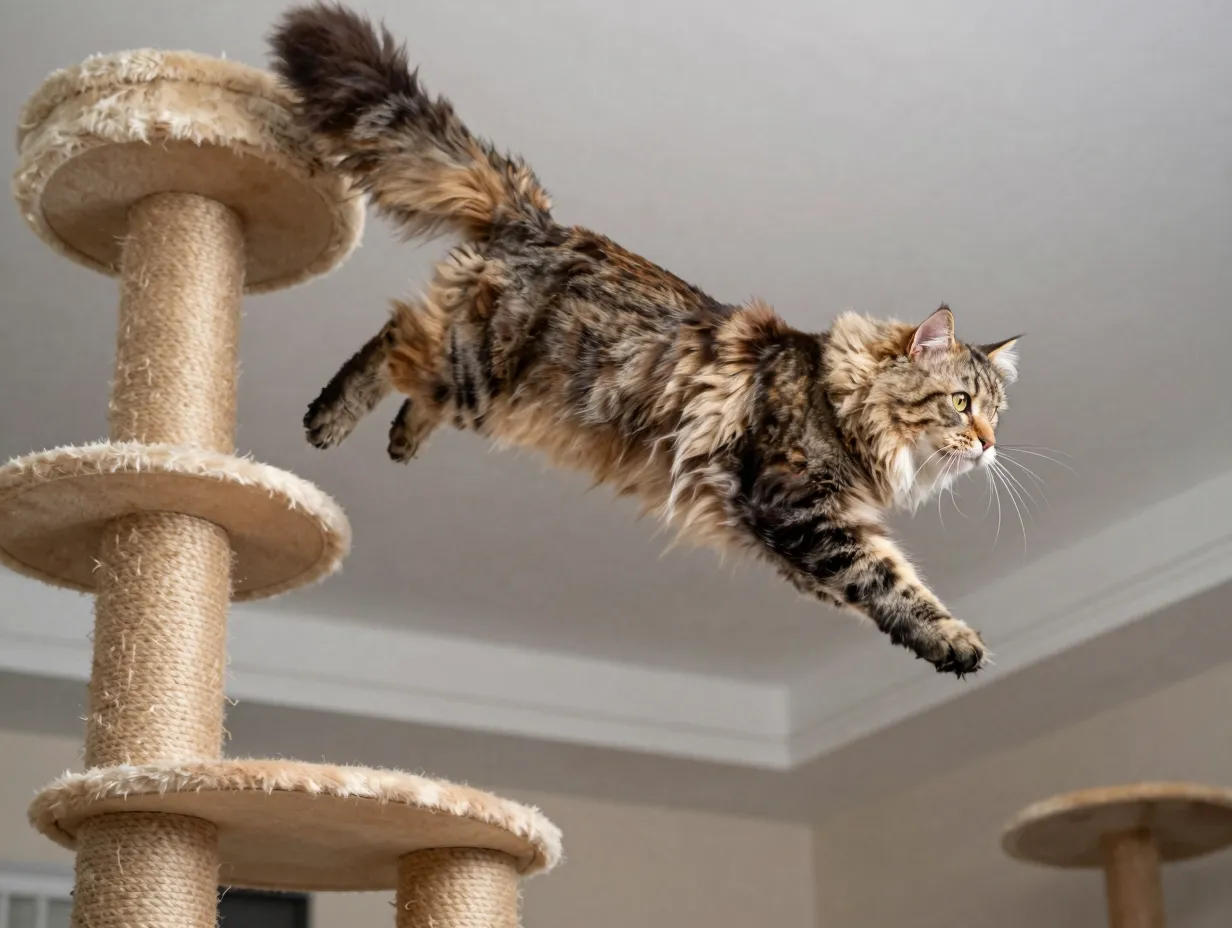 Muscular siberian cat in mid air leap towards tall cat tree