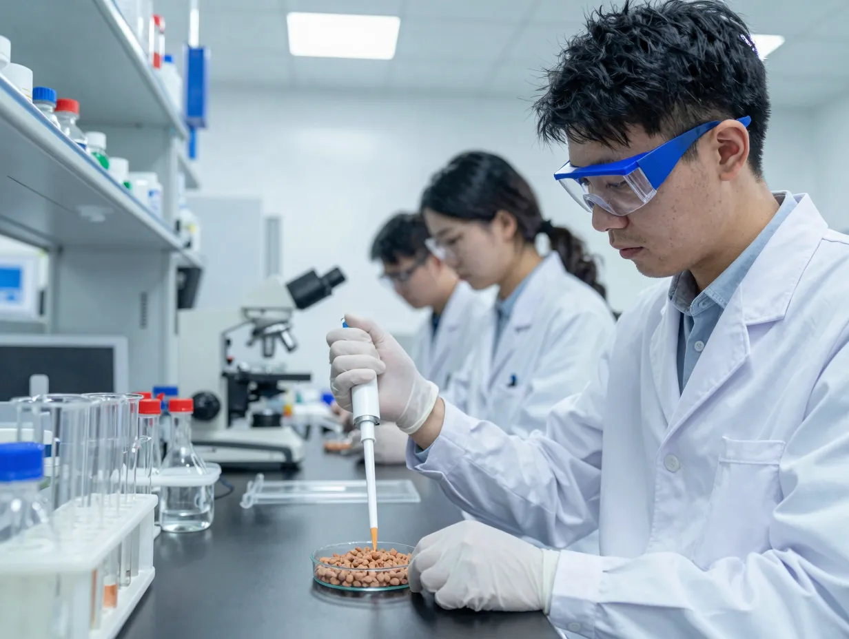 Scientist in lab coat testing wet cat food in sterile laboratory
