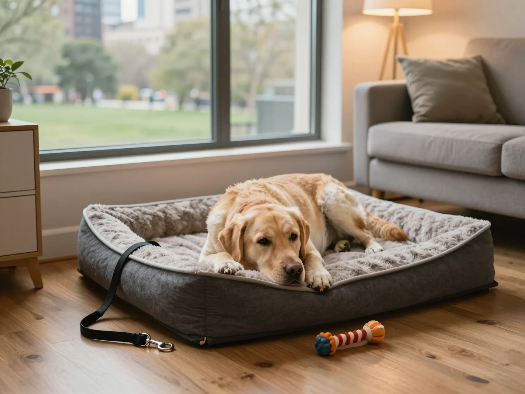 A content golden labrador resting in a cozy apartment living room
