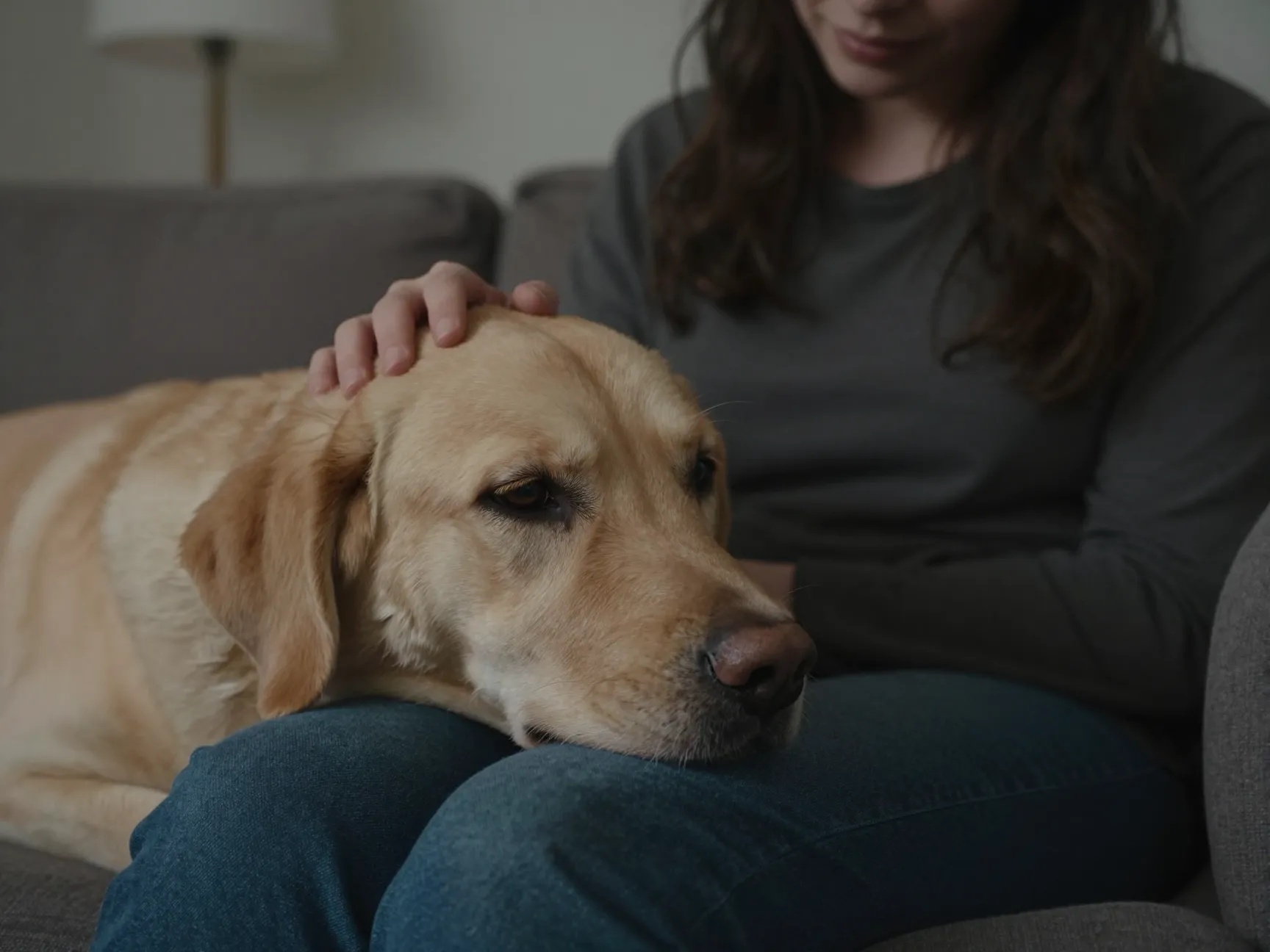 A comforting golden labrador with its head on a persons lap on a couch