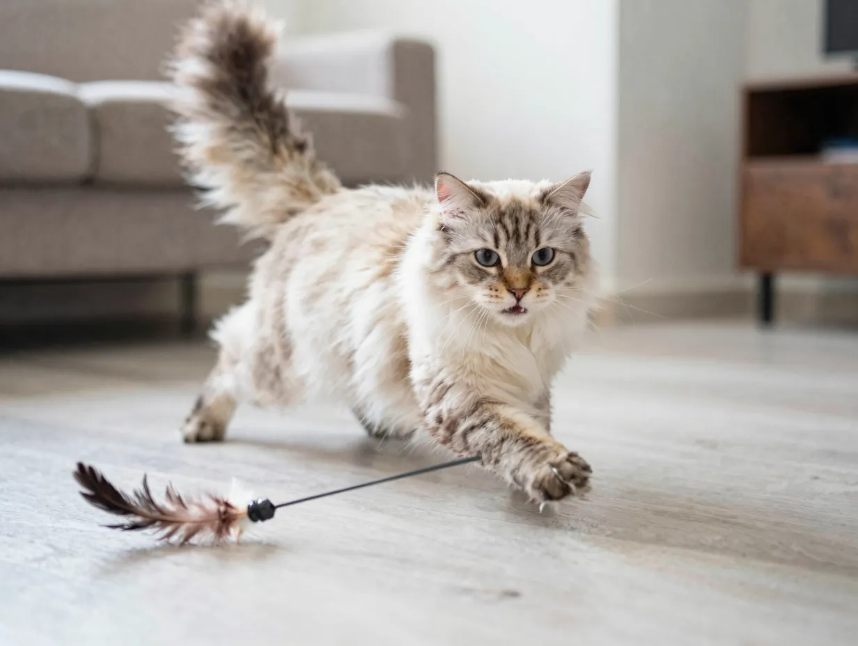 Adult siberian cat chasing feather wand toy with playful energy