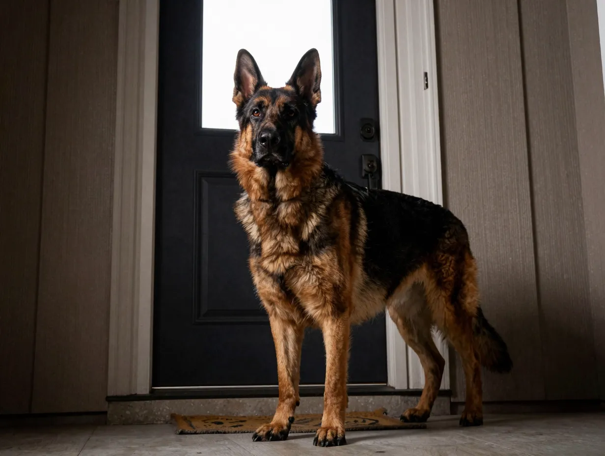 Alert shepweiler watchdog standing guard at a front door