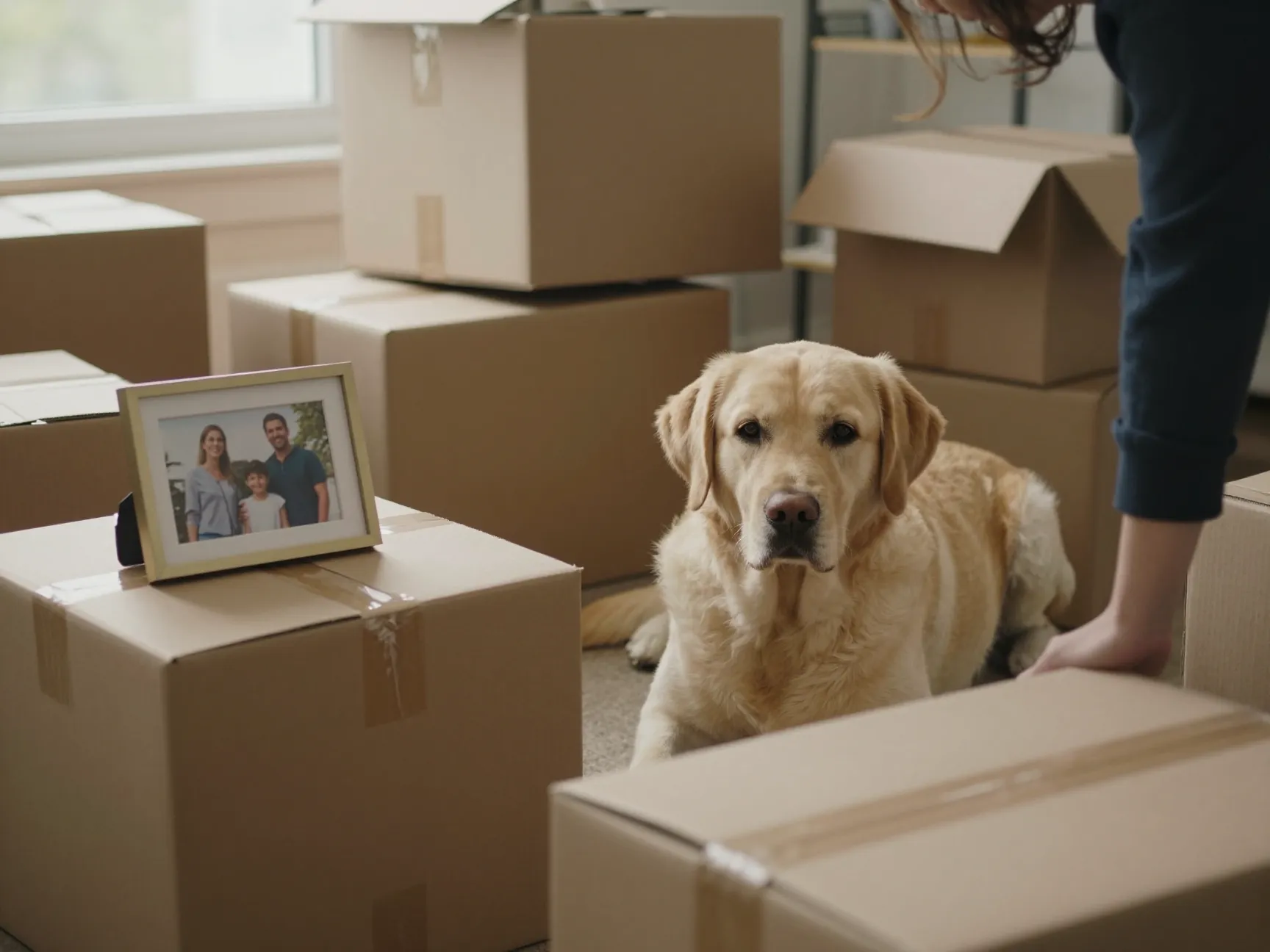 A loyal golden labrador lying beside a familys packed moving boxes