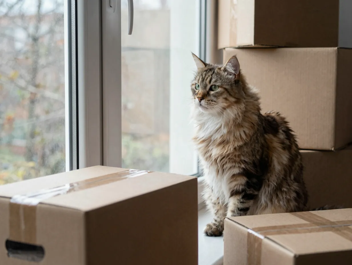 Adaptable siberian cat calmly observing moving boxes in new home