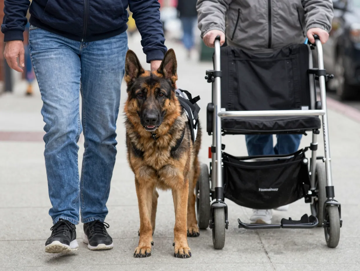 Shepweiler service dog assisting a person with mobility support