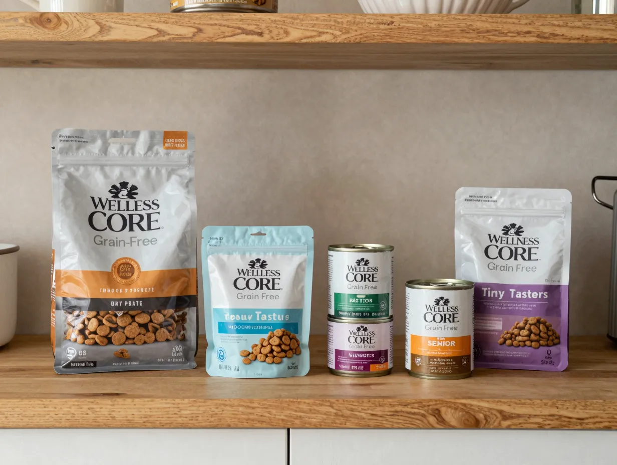 Wellness core dry kibble wet pate tiny tasters cans array on shelf