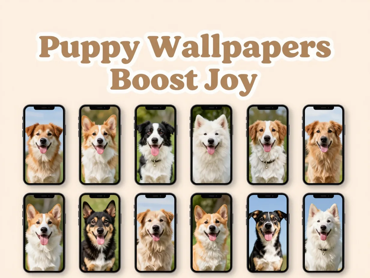 Overhead grid eight smartphones with distinct cute puppy wallpaper displays flat lay