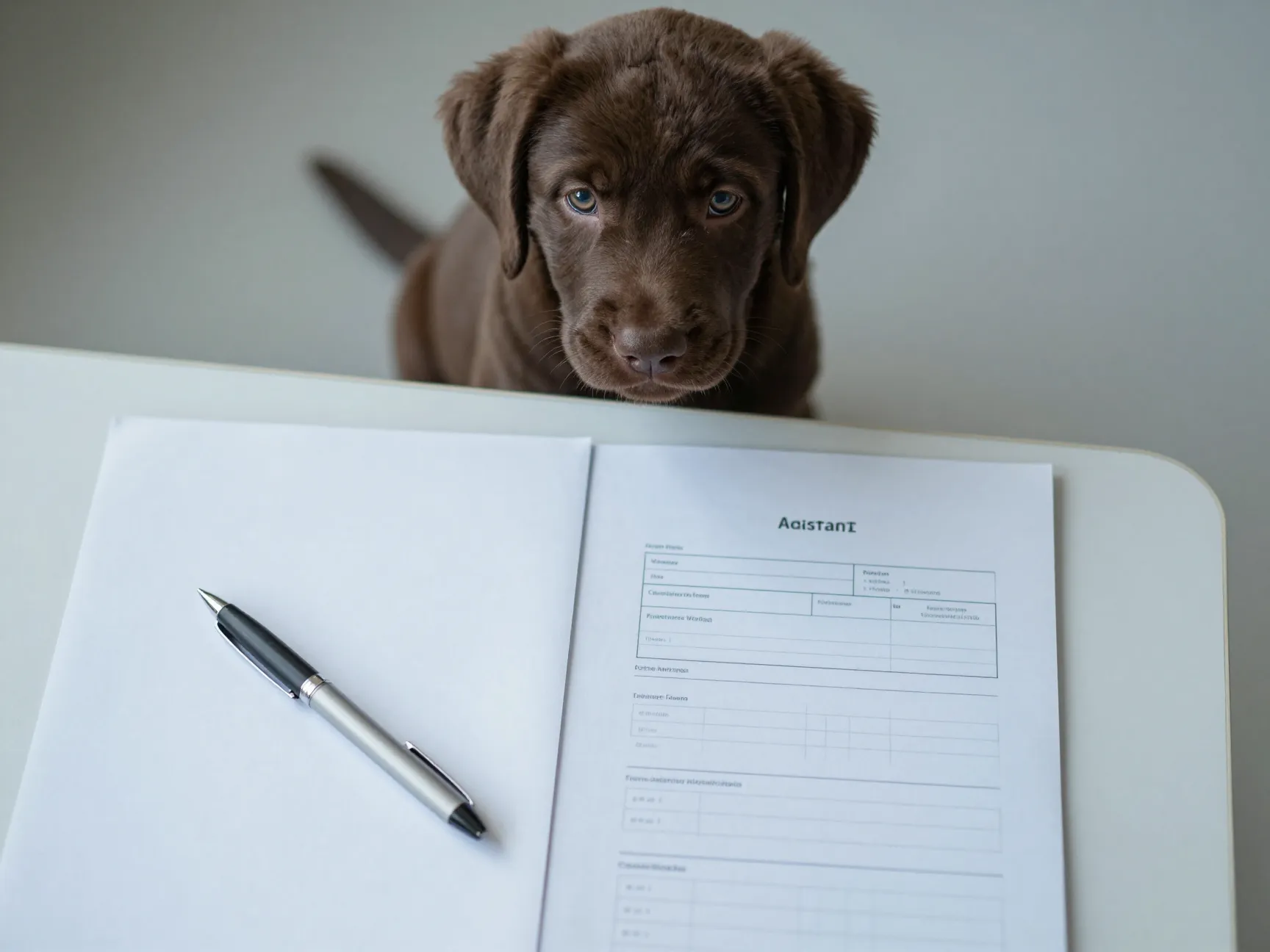 Chocolate labrador puppy lacking vaccination records on table