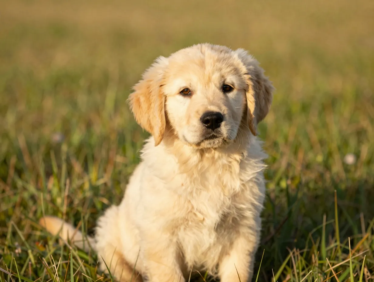 Golden retriever puppy in sunlit grassy field honey gold tones