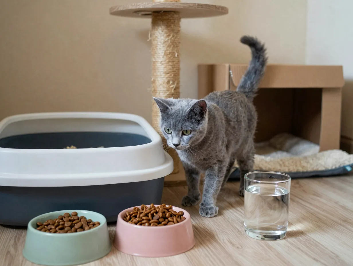 Silver blue kitten exploring quiet dedicated introduction room setup