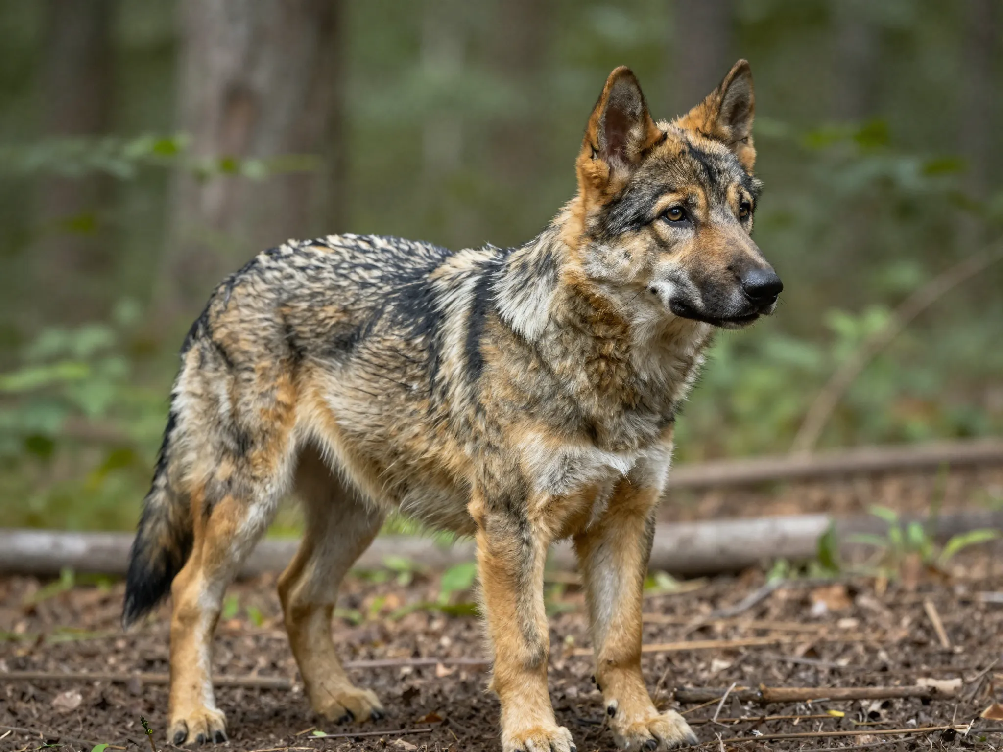 Wolf like sable coat king shepherd puppy transitioning color in natural forest