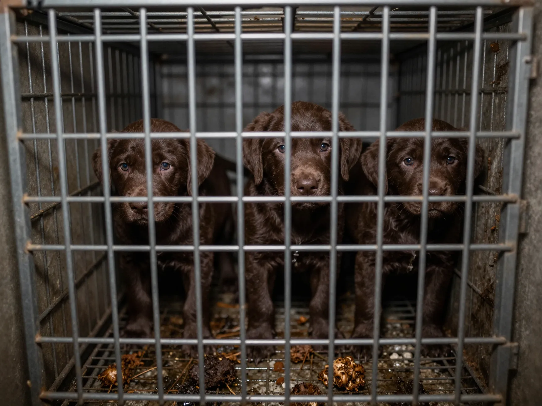 Hidden unsanitary wire cage for labrador puppies in facility