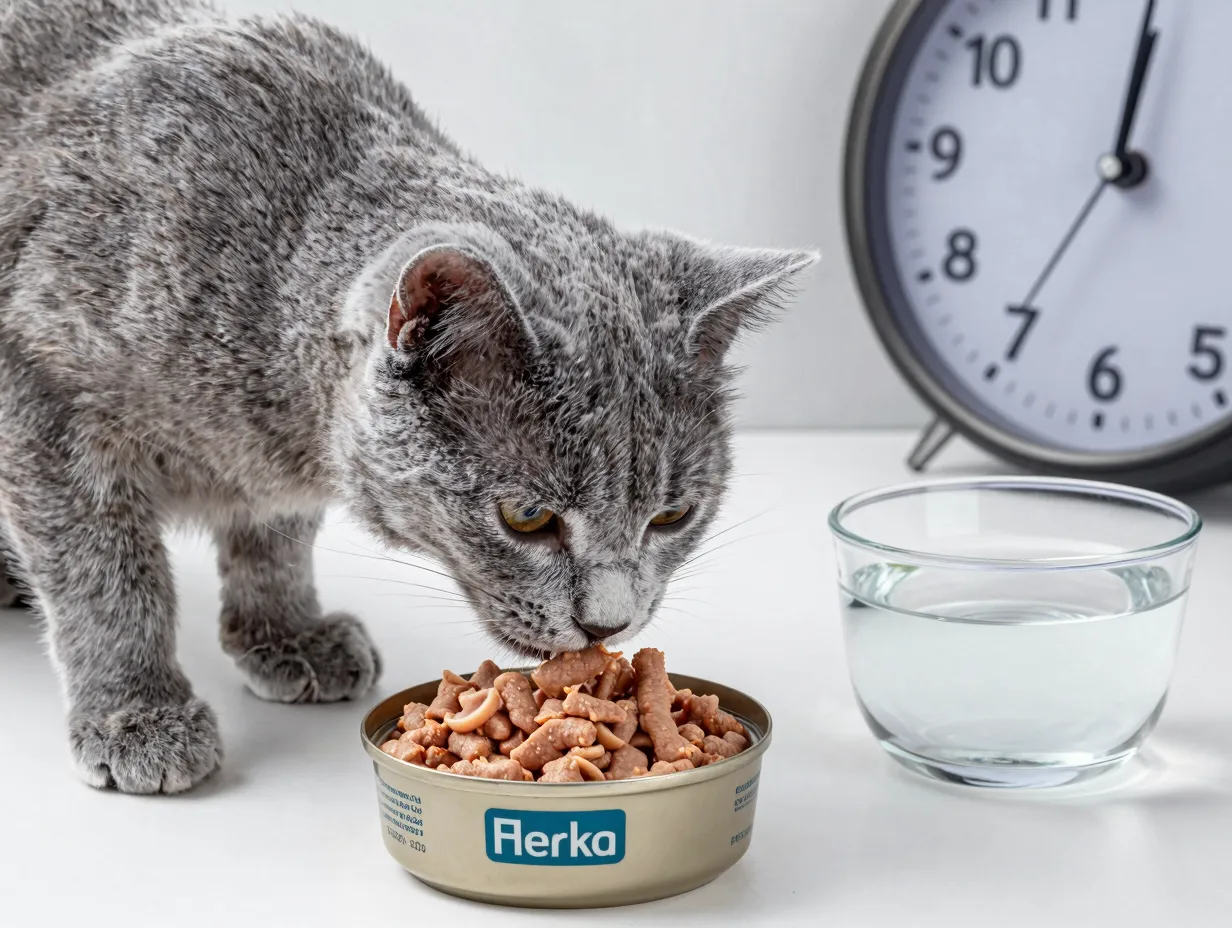 Russian blue kitten eating scheduled high protein wet food breakfast