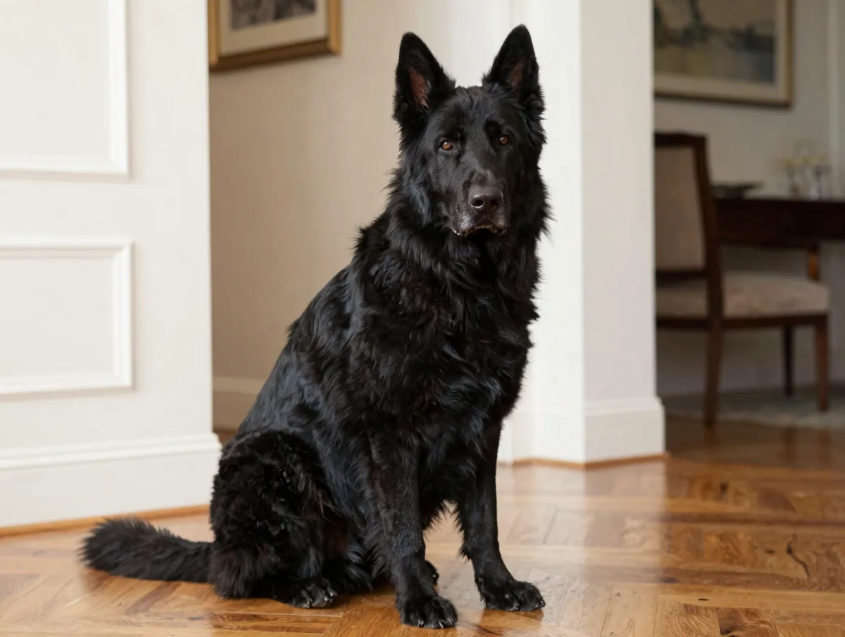 Solid black regal king shepherd with dense coat in elegant indoor setting