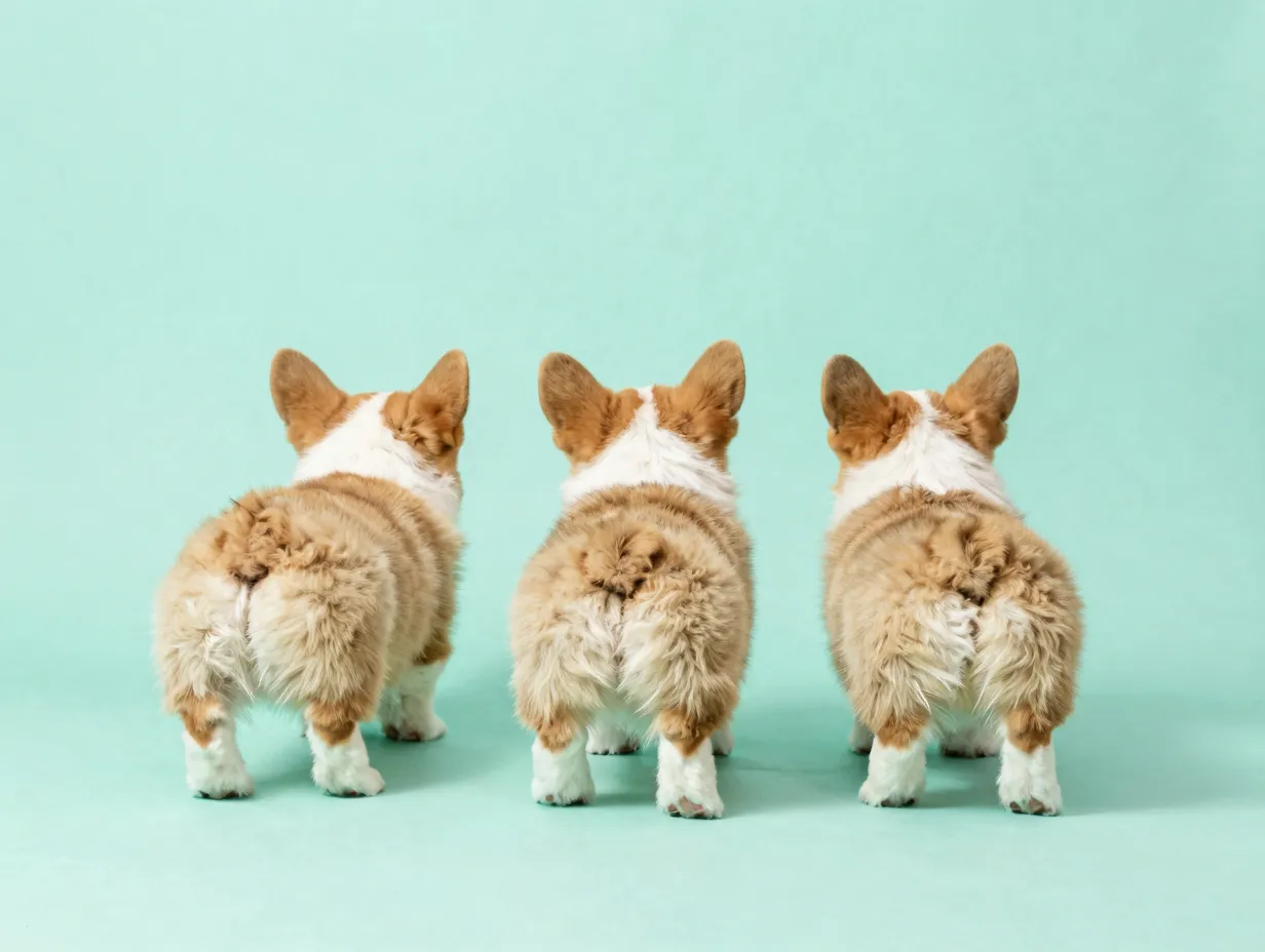 Three corgi puppy butts waddling against pastel mint background