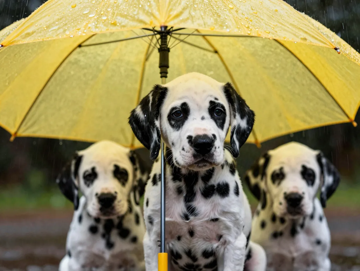Dalmatian puppy peering from under bright yellow umbrella in rain