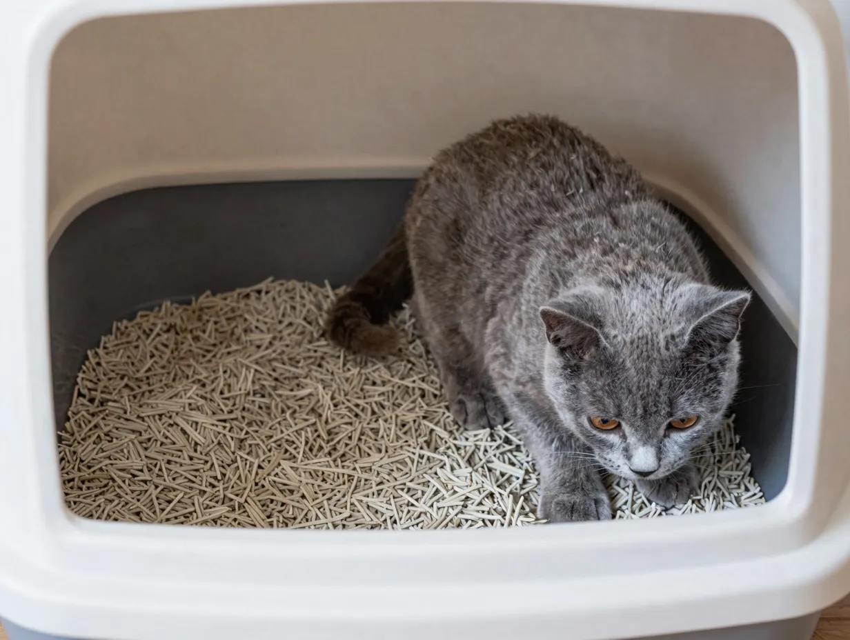 Kitten using litter box with consistent litter depth after meal