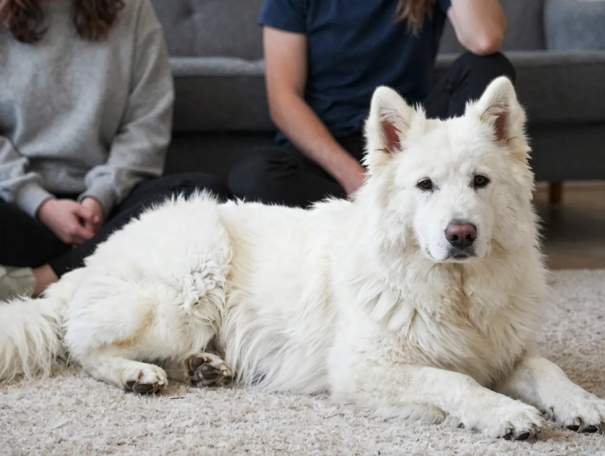 White king shepherd with great pyrenees lineage in serene therapy setting