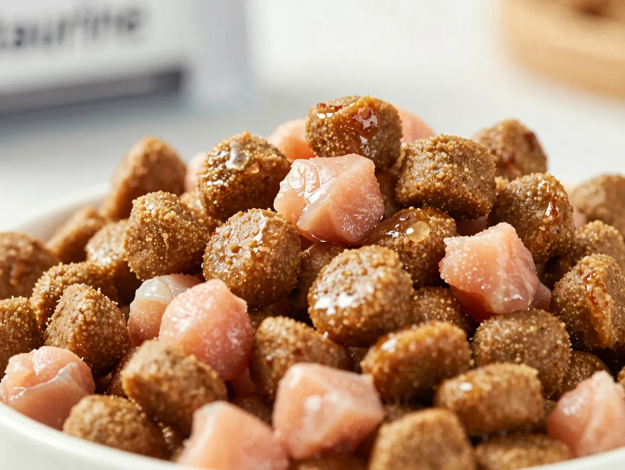 Closeup high protein kitten food ingredients supporting coat health