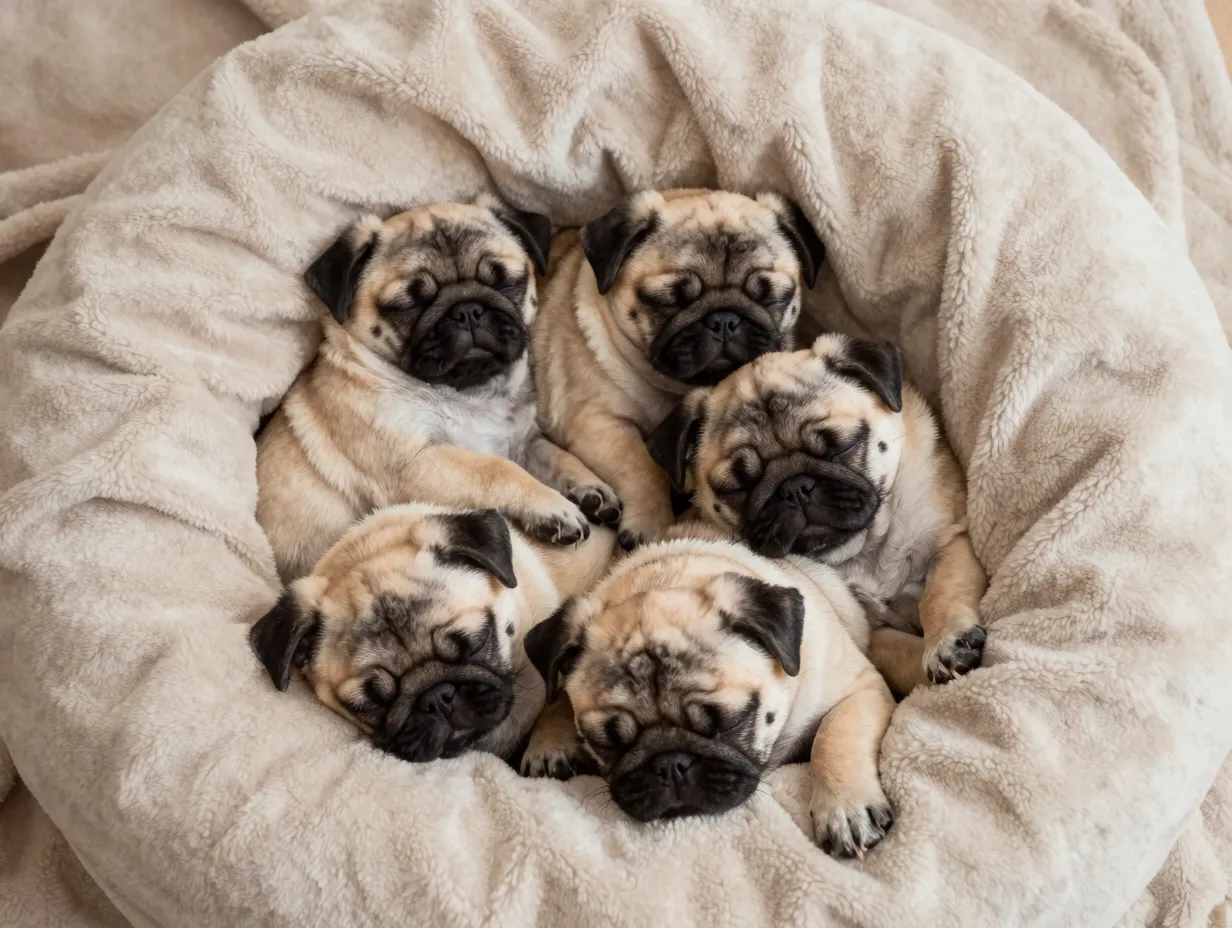 Four pug puppies sleeping curled together in soft fleece blanket