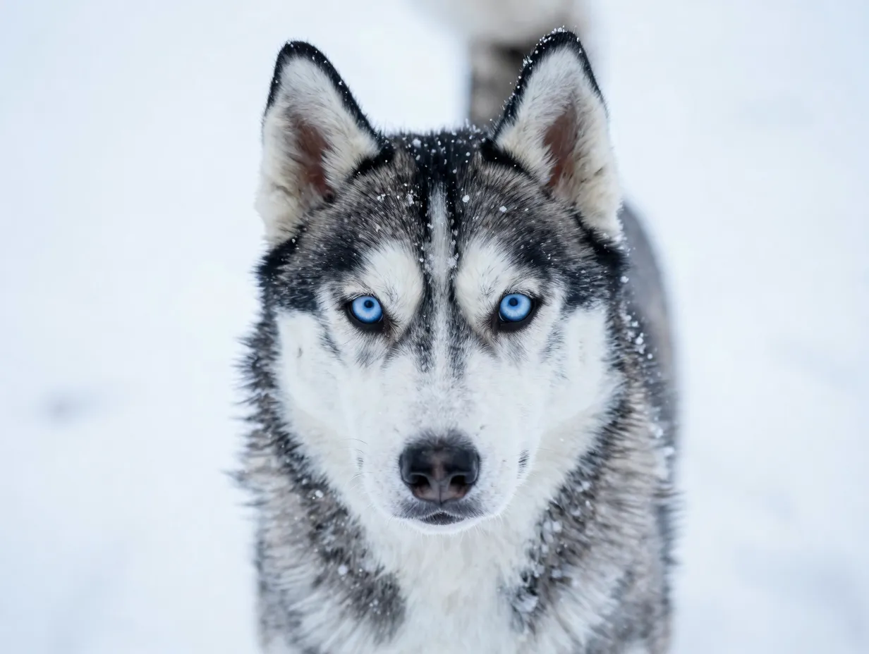 Siberian husky puppy with blue eyes dusted with fresh snow