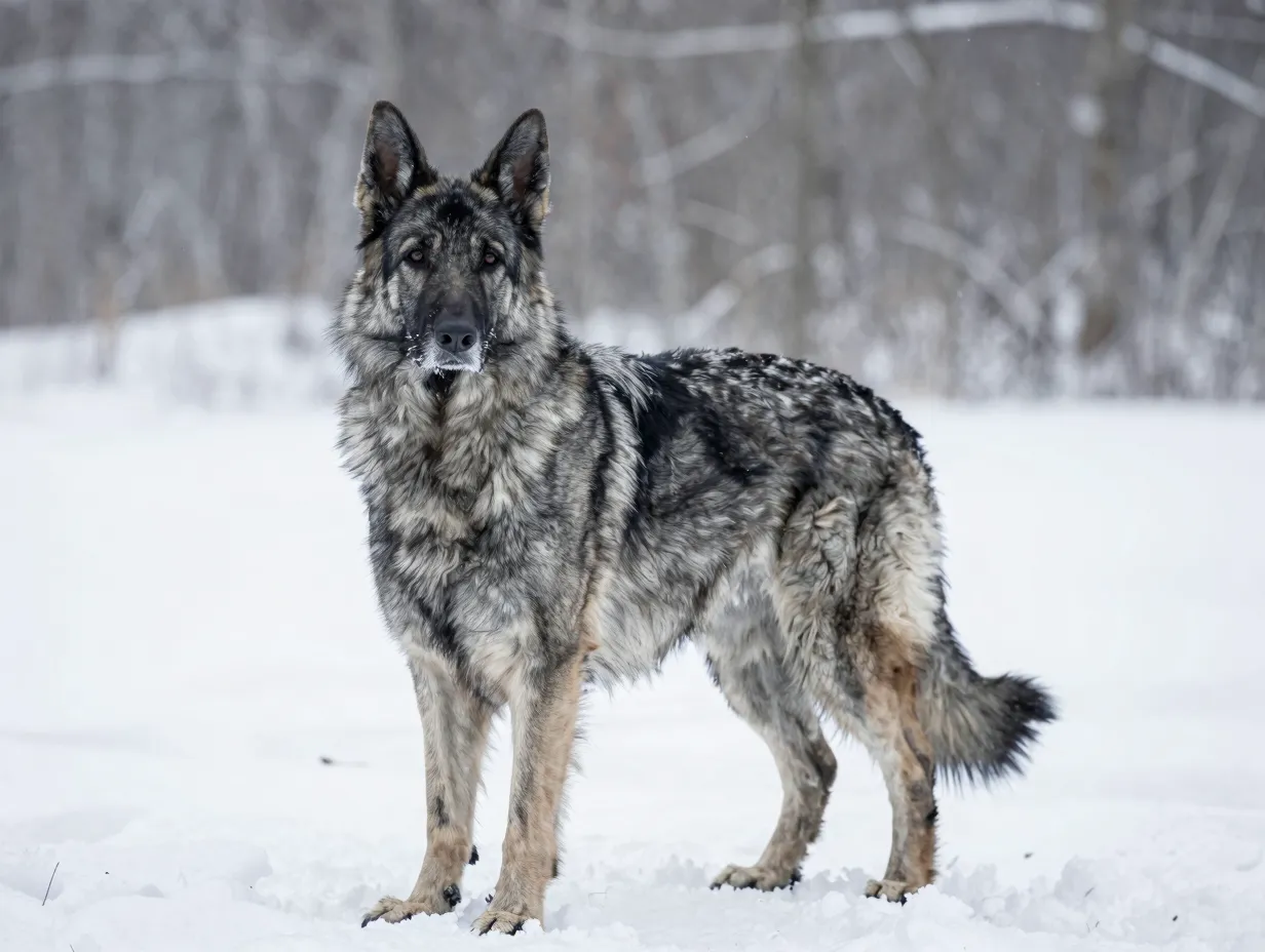 Steel gray silver king shepherd with dense coat in snowy winter environment